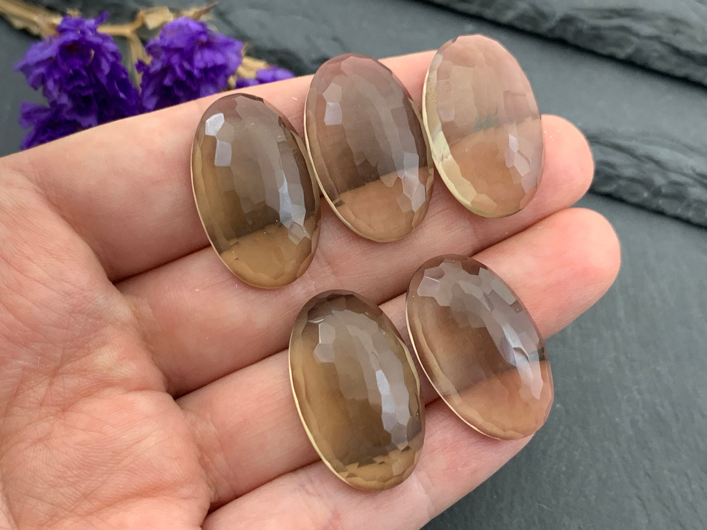 Faceted Smokey Quartz oval 16x26mm Cabochon - Calibrated cabochons