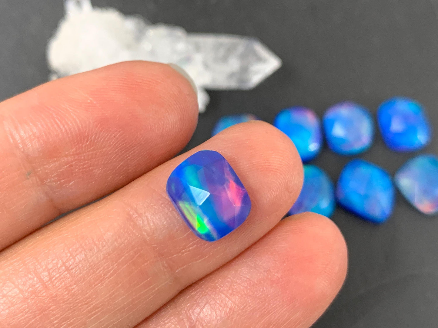 Faceted Aurora Opal free form 10-11mm long doublet cabochons