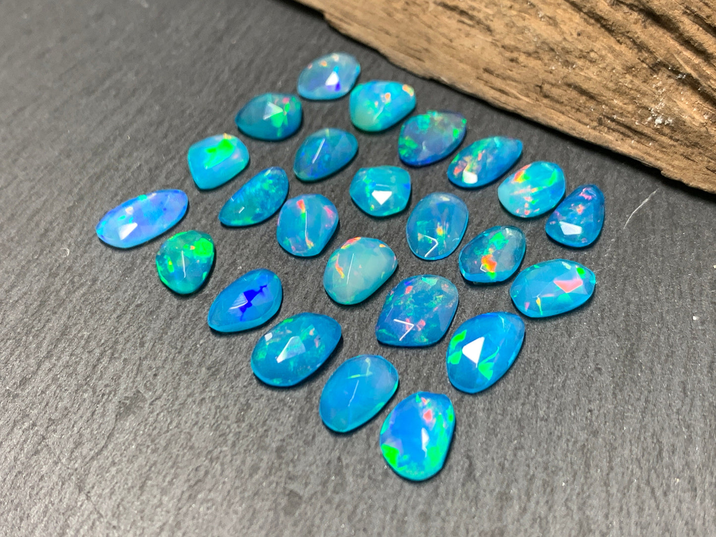 Faceted Blue Ethiopian Opal 8-10mm long cabochon