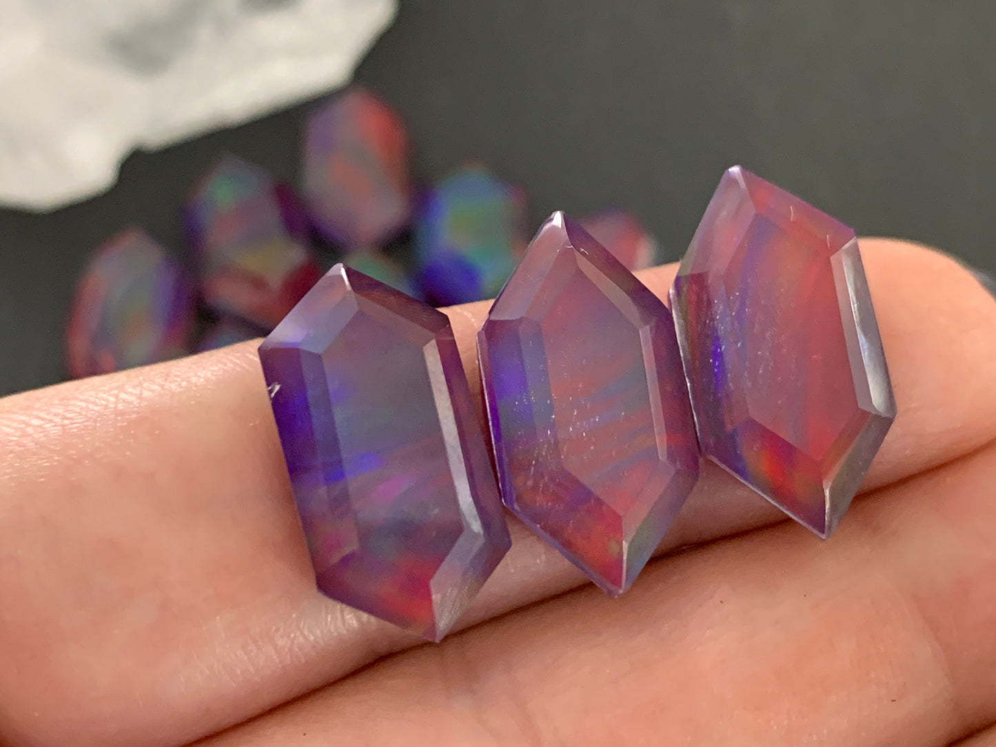 Faceted Aurora Opal long hexagon 10x20mm cabochon - Doublet cabochons