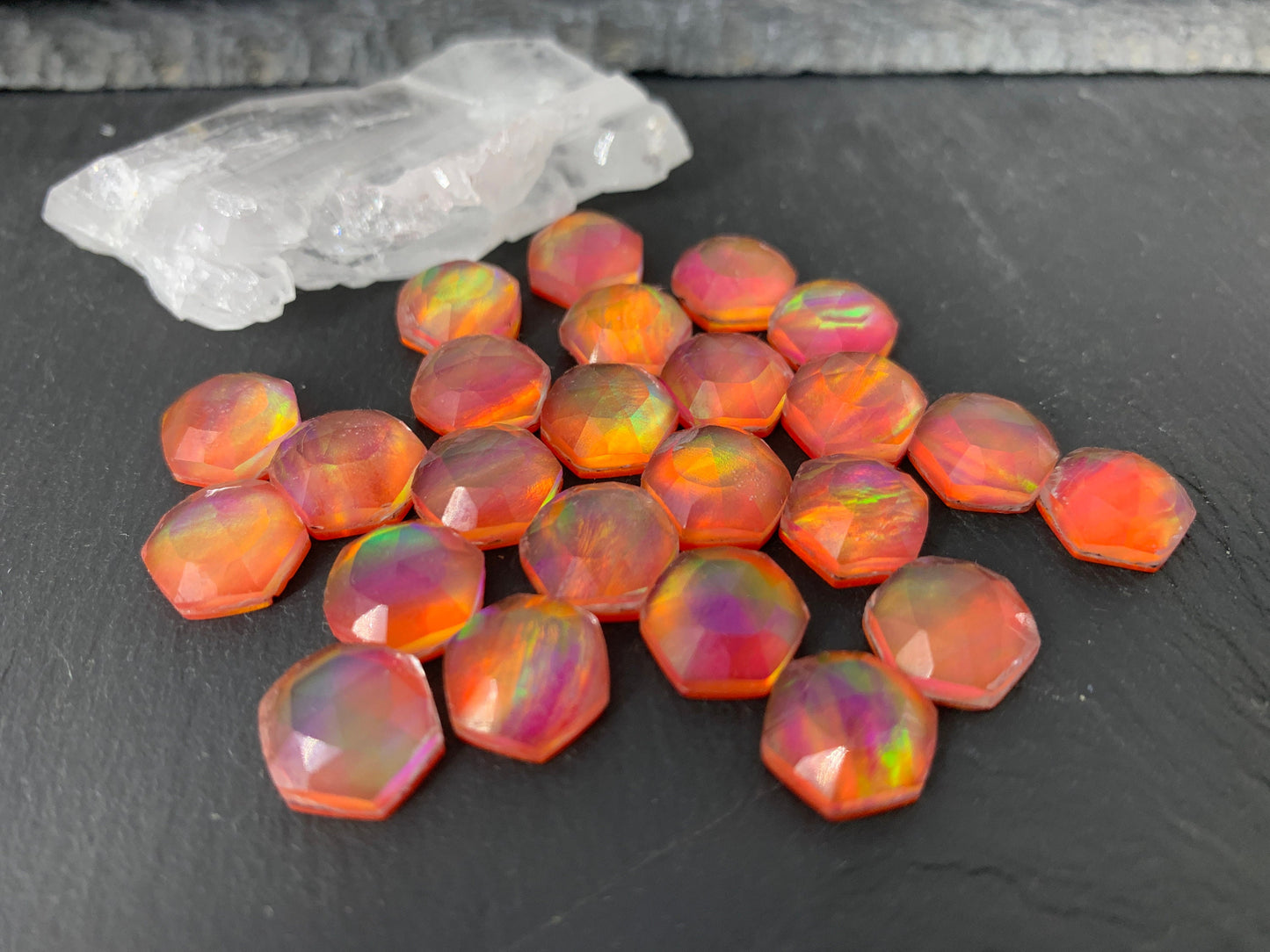 Faceted Orange Aurora Opal hexagon 10mm cabochon - Doublet cabochons