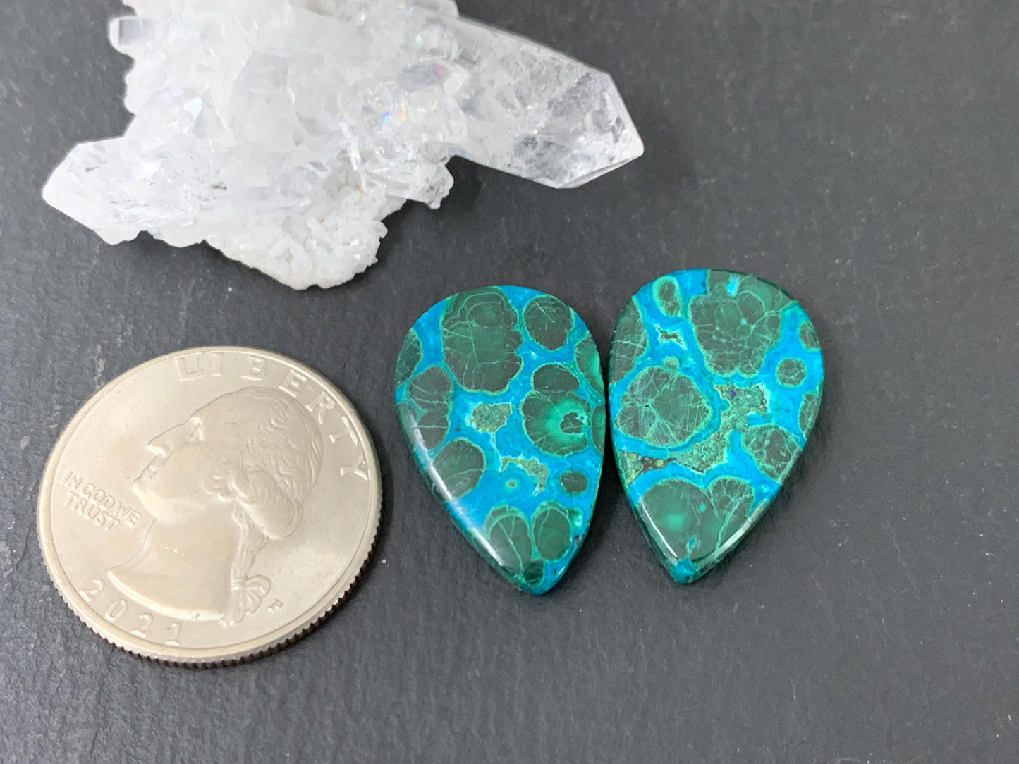 Malachite Chrysocolla pear 15x24x4mm cabochon pair