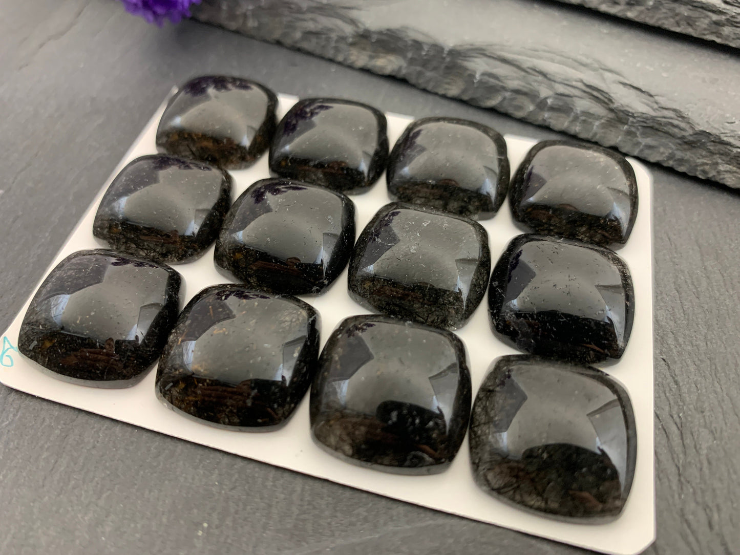 Black rutilated quartz square 20mm cabochon - Calibrated cabochons