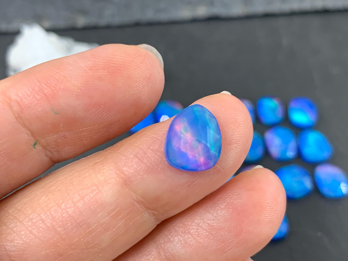 Faceted Aurora Opal free form 9-10mm long doublet cabochons - Doublet cabochons