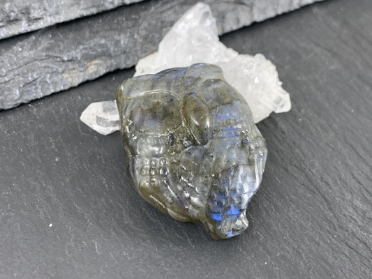 Labradorite Owl Carving 27x35mm Flat Back Gemstone - Natural Iridescent Stone