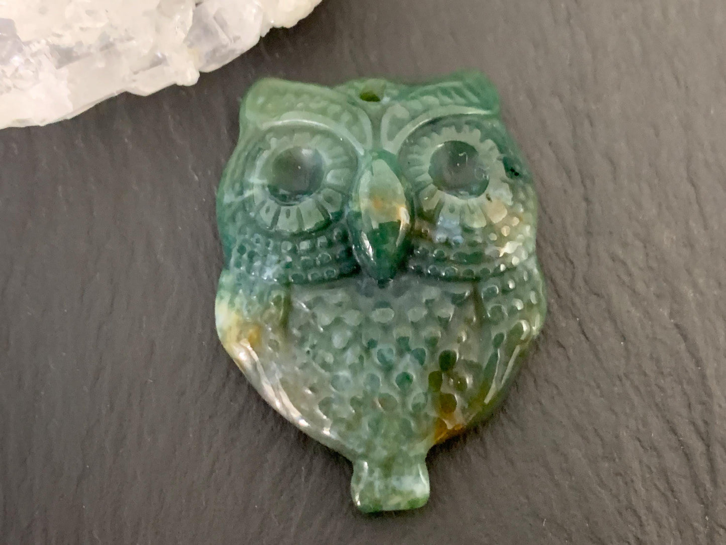 Ocean Jasper owl top drilled 26x35mm cabochon carving