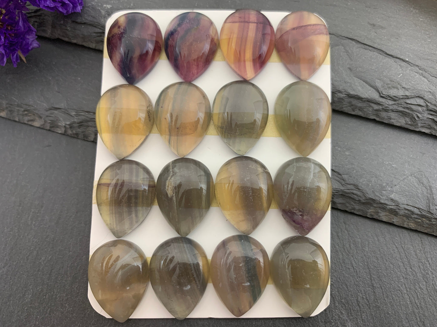 Green- Yellow Fluorite pear 15x20mm Cabochon - Calibrated cabochons