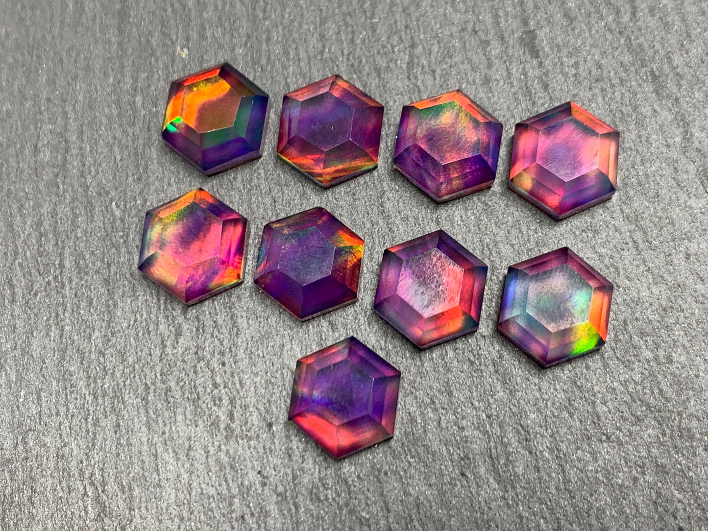 Faceted Aurora Opal hexagon 9mm cabochon - Doublet cabochons