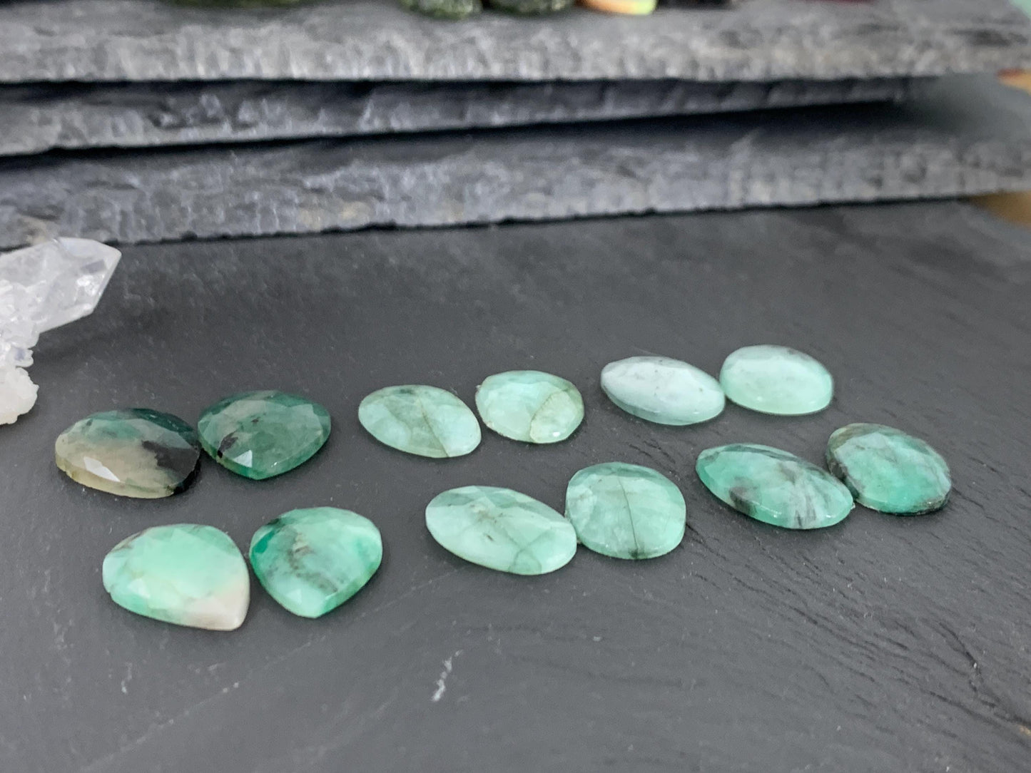 Faceted Emerald pair 15-17mm long cabochon