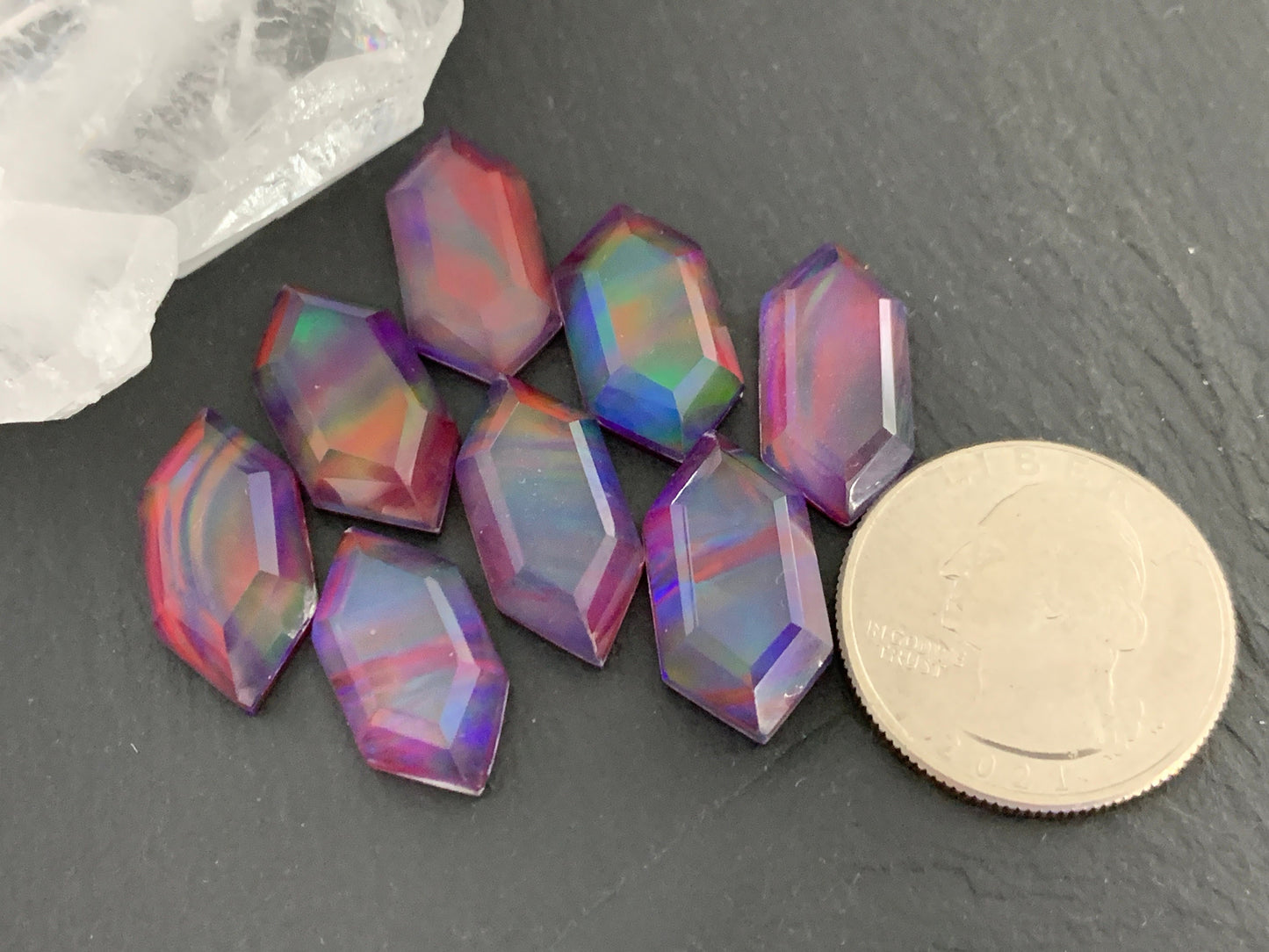 Faceted Aurora Opal long hexagon 10x20mm cabochon - Doublet cabochons