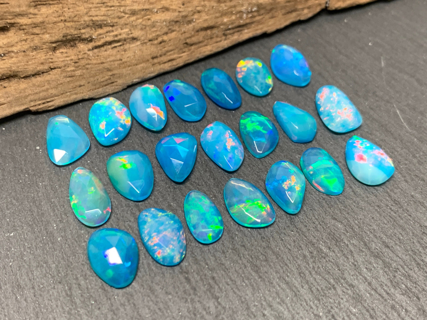 Faceted Blue Ethiopian Opal 8-10mm long cabochon
