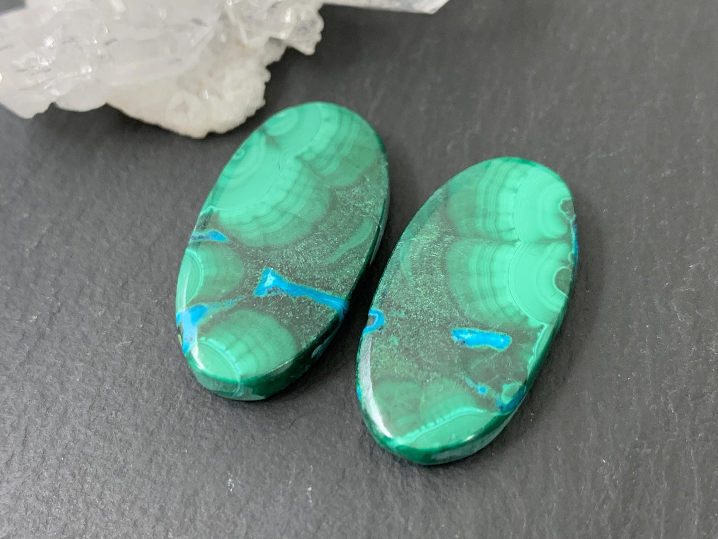 Malachite Chrysocolla oval 14x26x4.5mm cabochon pair