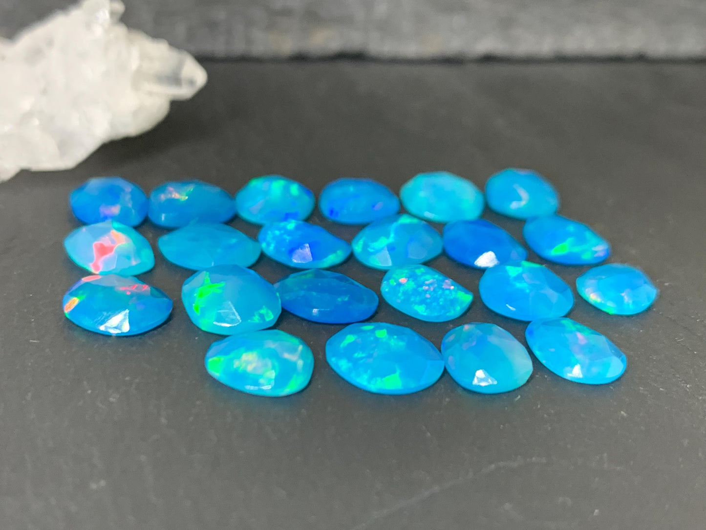 Faceted Blue Ethiopian Opal 8-9mm long cabochon