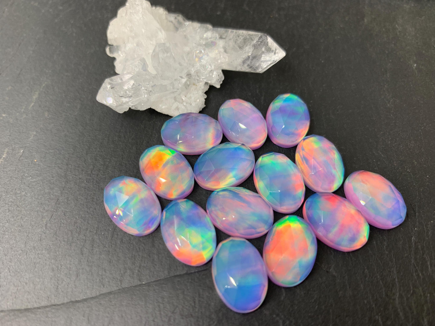 Faceted Aurora Opal oval 10x14mm cabochons - Doublet cabochons