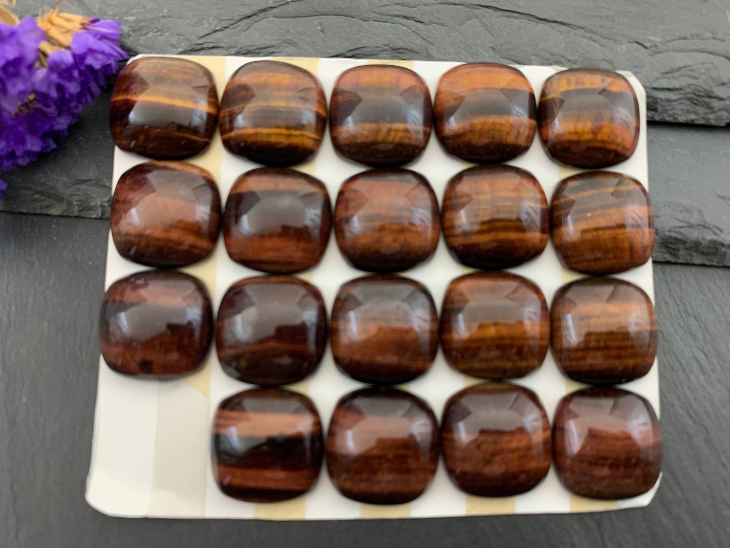 Faceted Red Tiger Eye square cushion 20mm cabochon - Calibrated cabochons