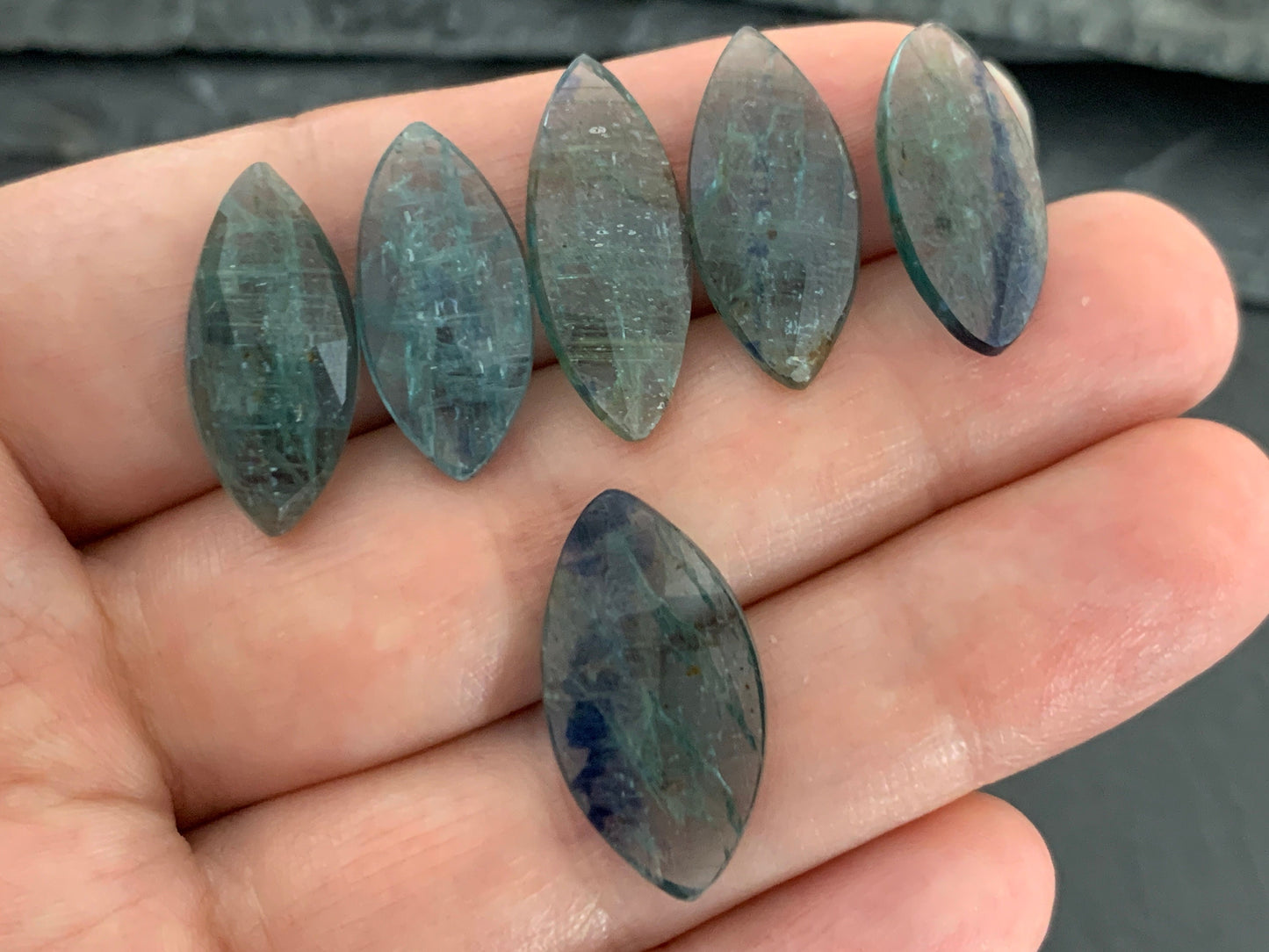 Faceted Emerald Green Kyanite marquise 21-22mm long cabochon