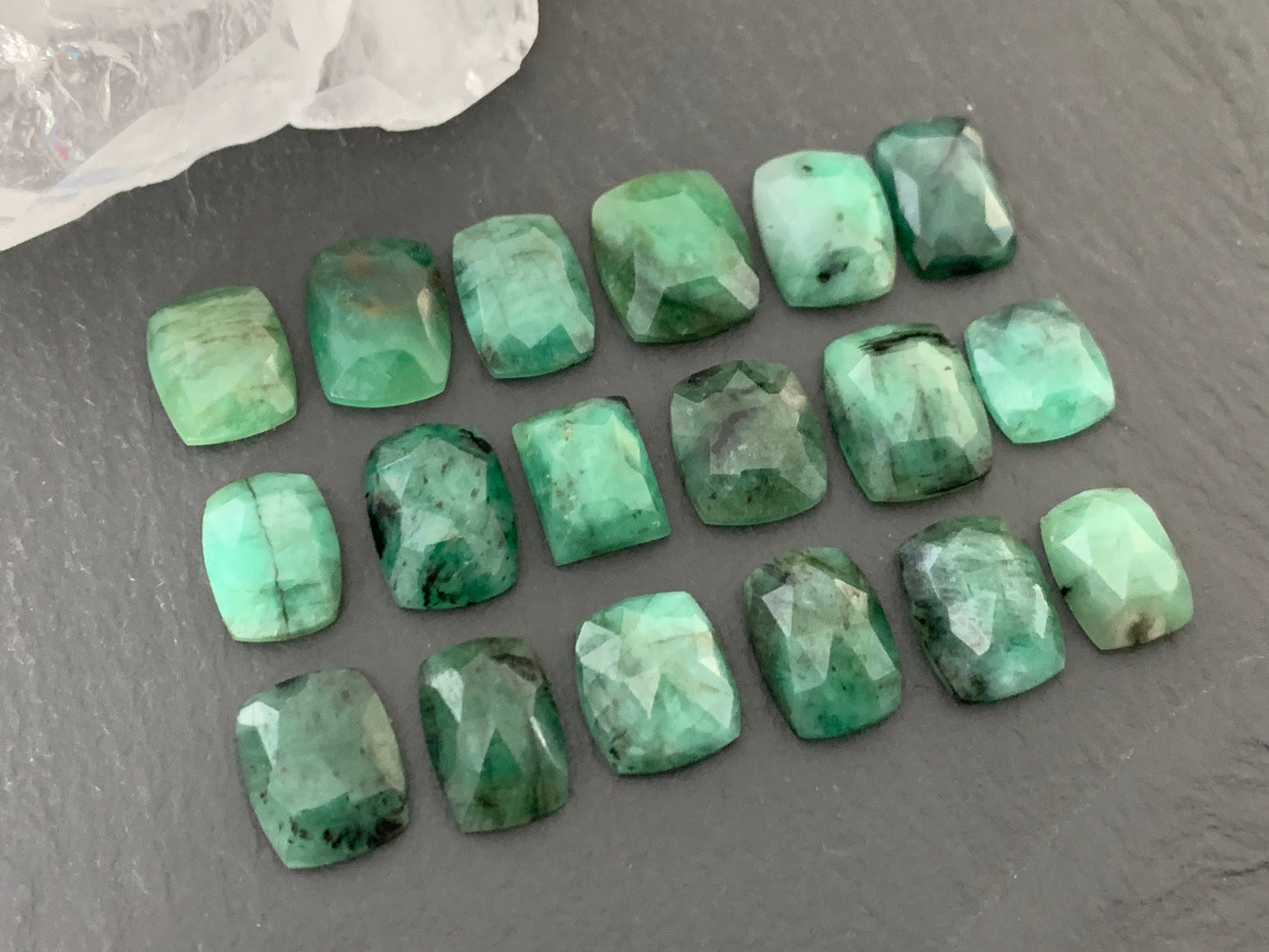 Emerald Faceted rectangle 9-11mm long cabochon