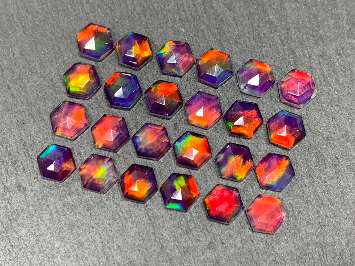 Faceted Aurora Opal hexagon 7mm cabochon - Doublet cabochons