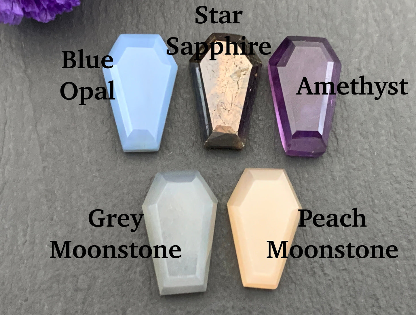 Faceted coffin 10x16mm cabochon- Blue Opal, Star Sapphire, Amethyst, Grey Moonstone, Peach Moonstone