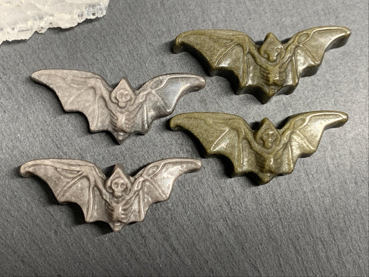Obsidian Bat Carving, Natural Silver Gold Flat Back Gem - 50x20mm