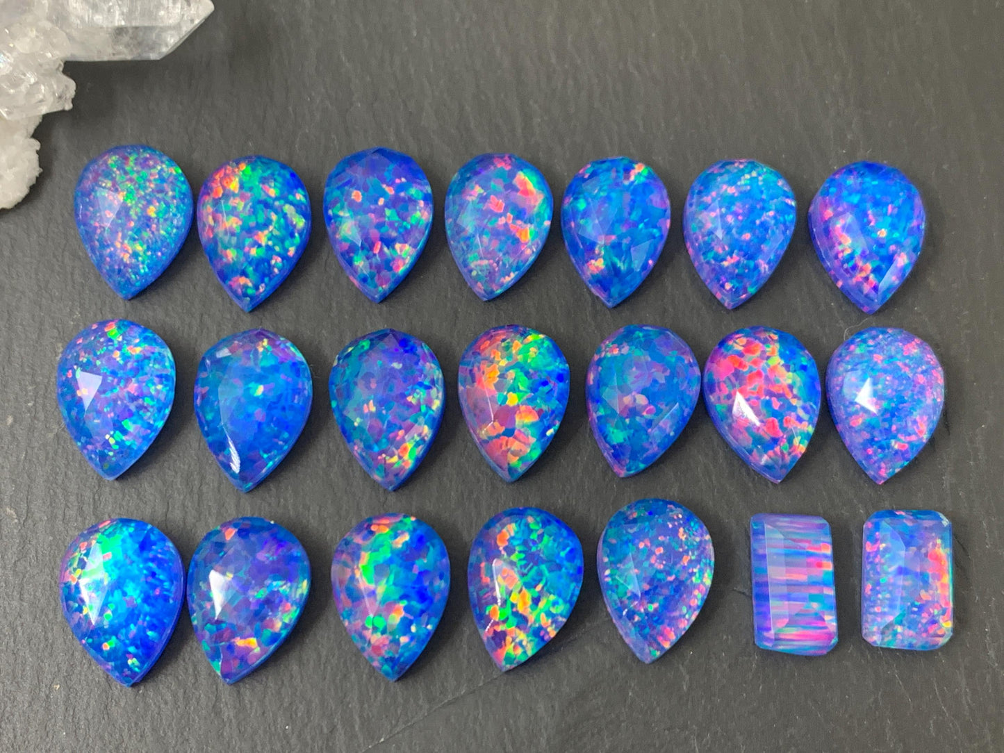 Faceted Aurora Opal Pear 10x14mm, rectangle 7x12mm doublet cabochons - Doublet cabochons