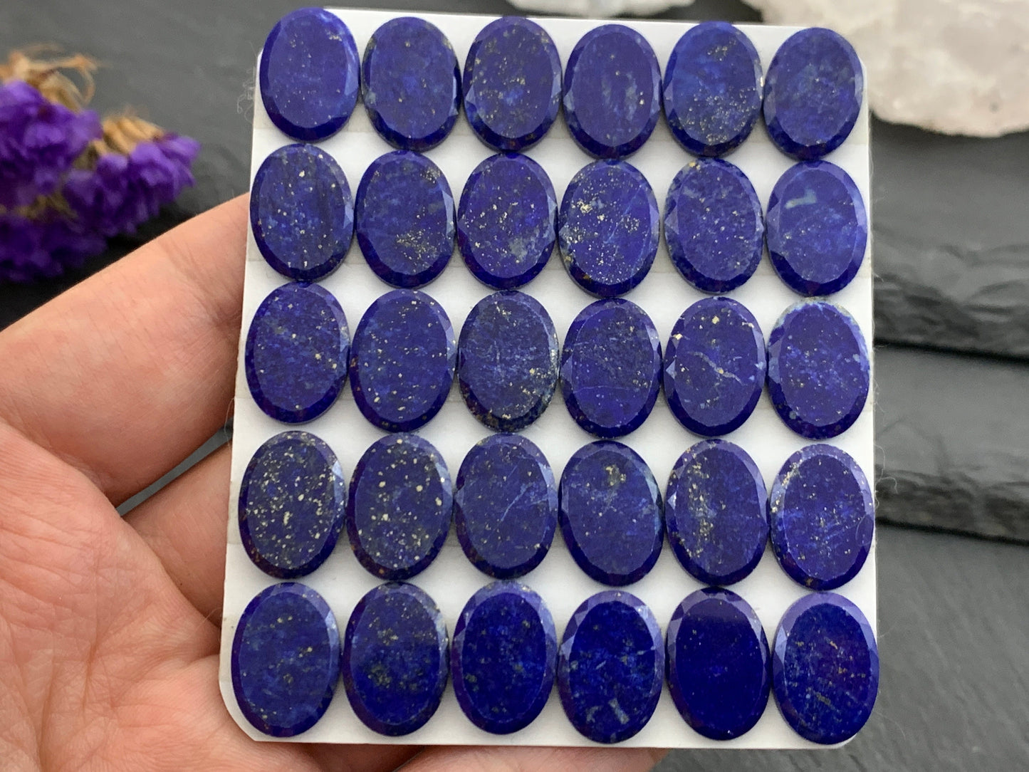 Flat Lapis Lazuli oval 10x14mm cabochon with facted edge - calibrated cabochons