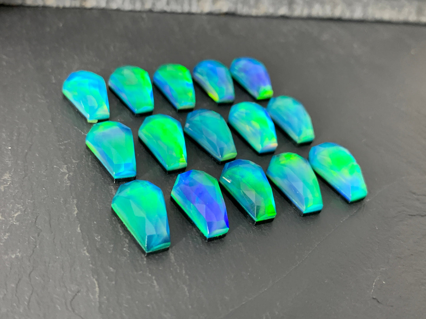 Faceted Aurora Opal coffin 10x16mm cabochon - Doublet cabochons