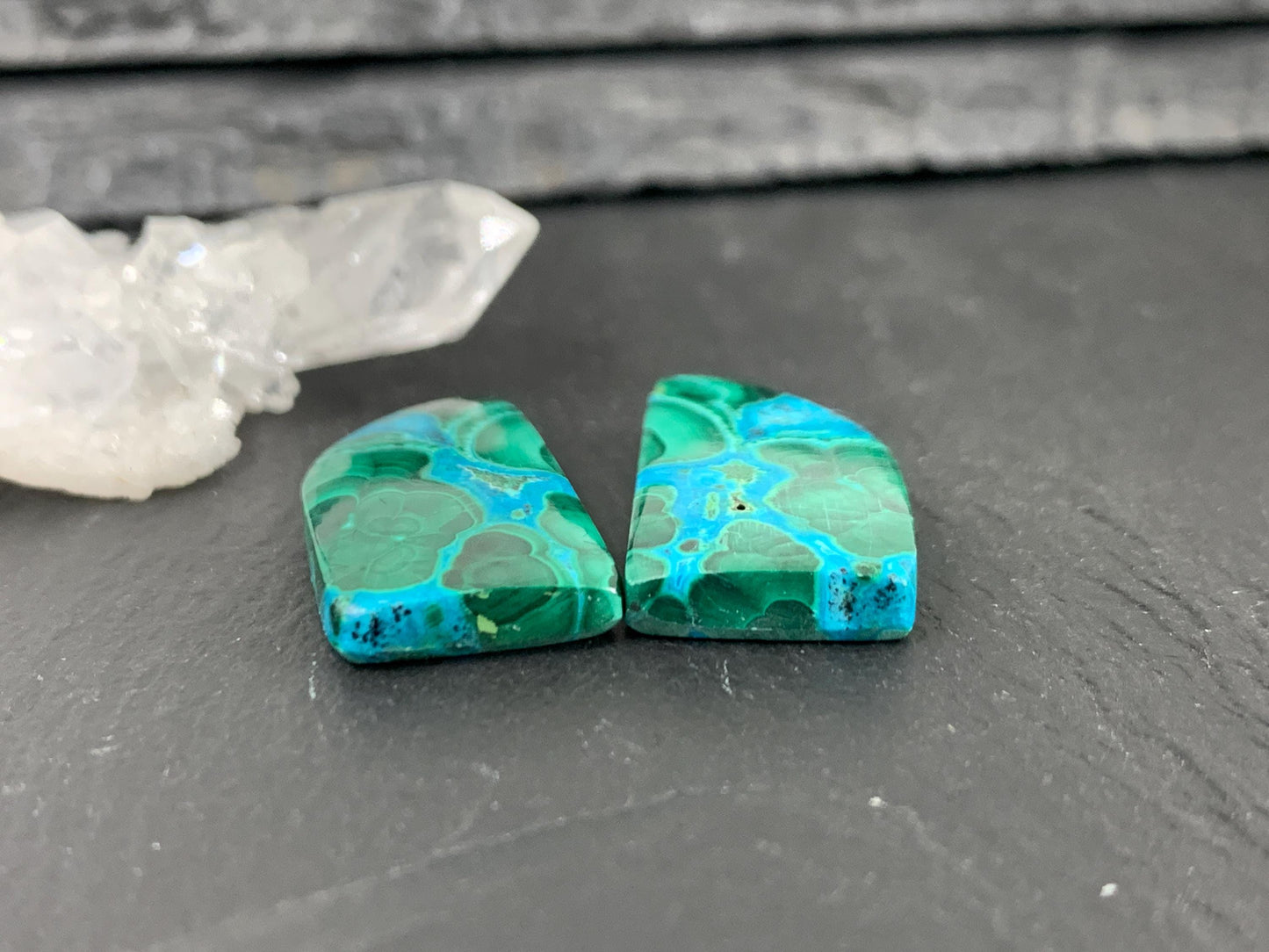 Malachite Chrysocolla free form 13x25x4mm cabochon pair