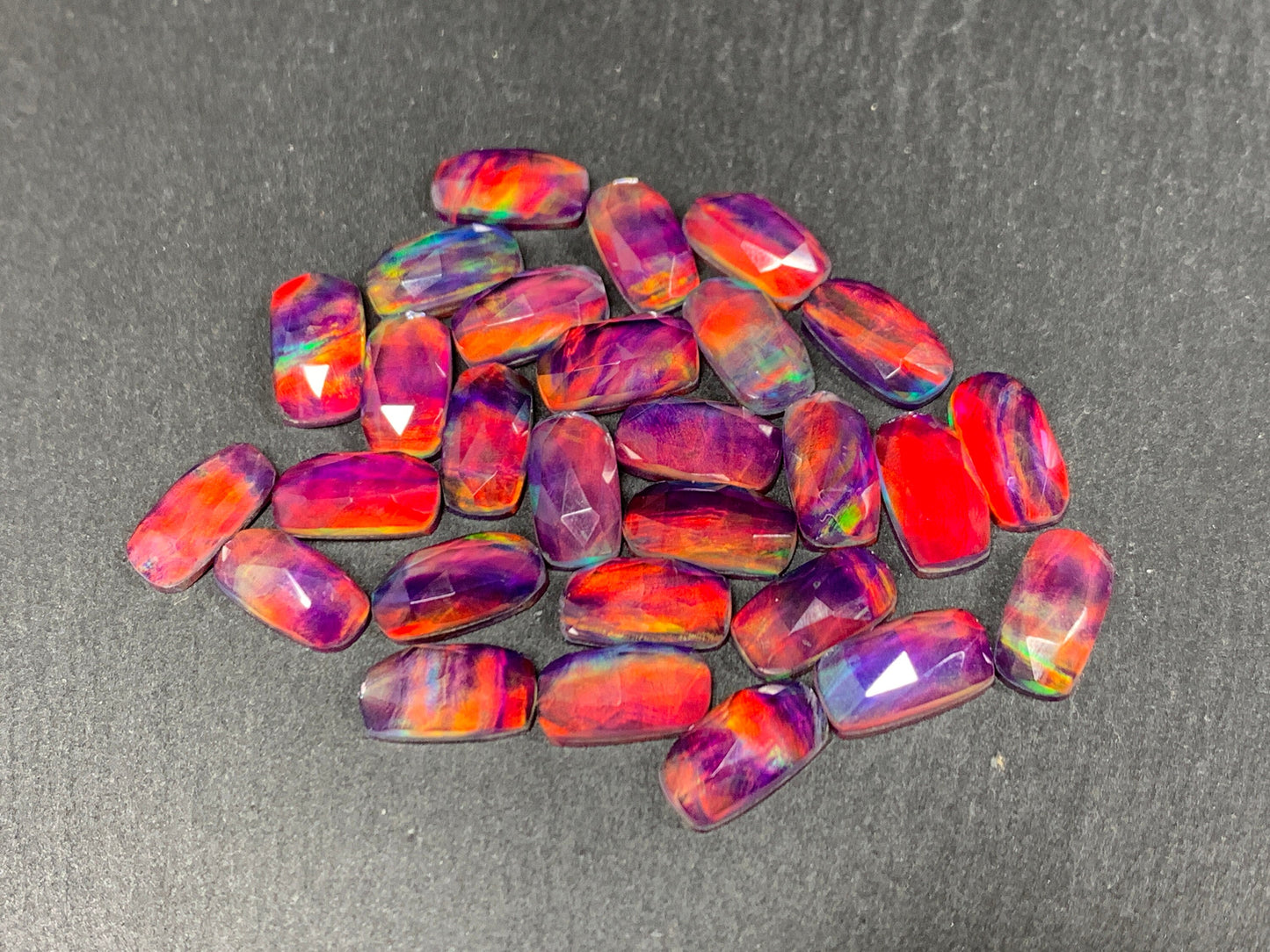 Faceted Aurora Opal rectangle cushion 6x12mm cabochon - Doublet cabochons