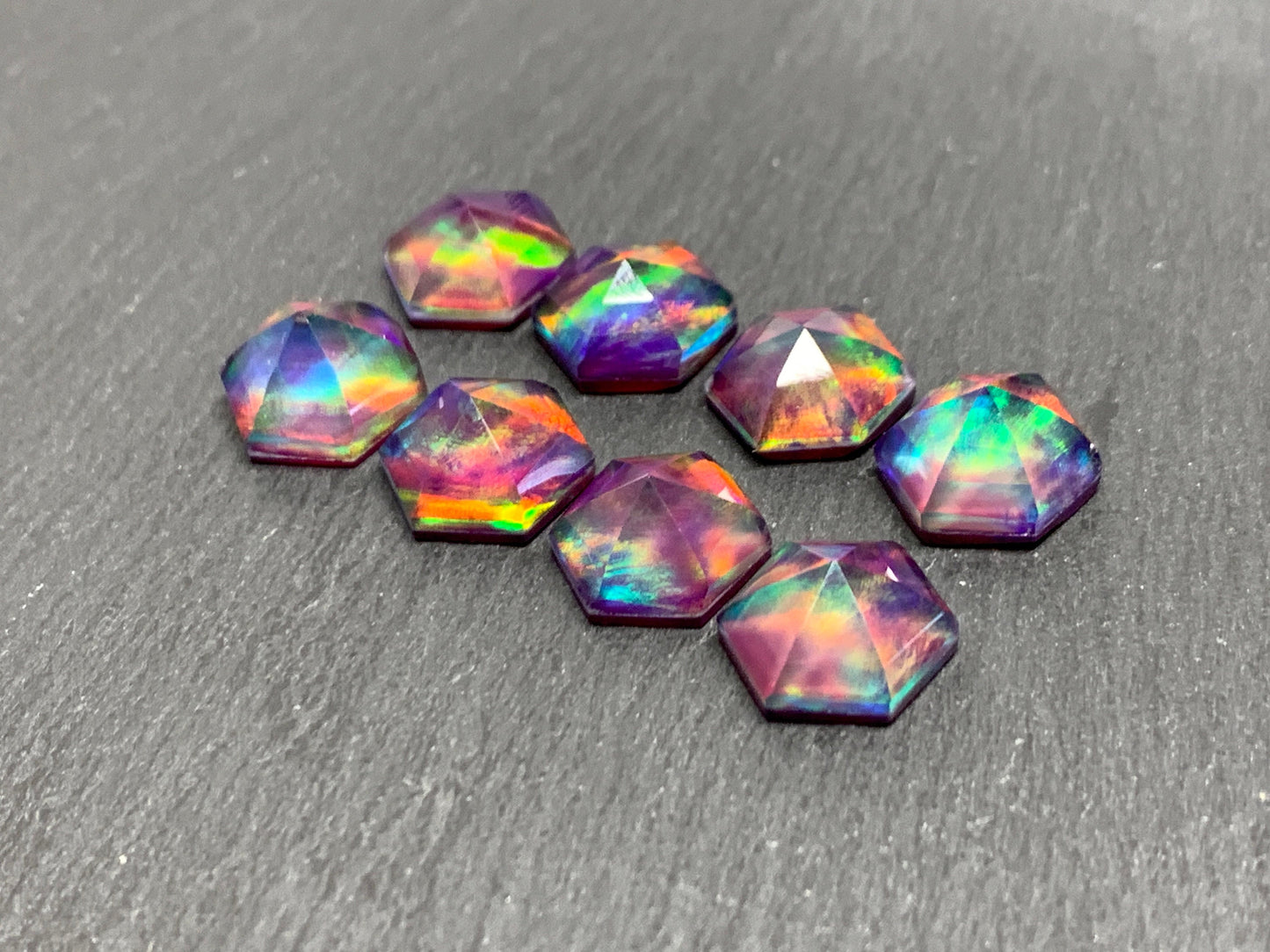 Faceted Aurora Opal hexagon 10mm cabochon - Doublet cabochons
