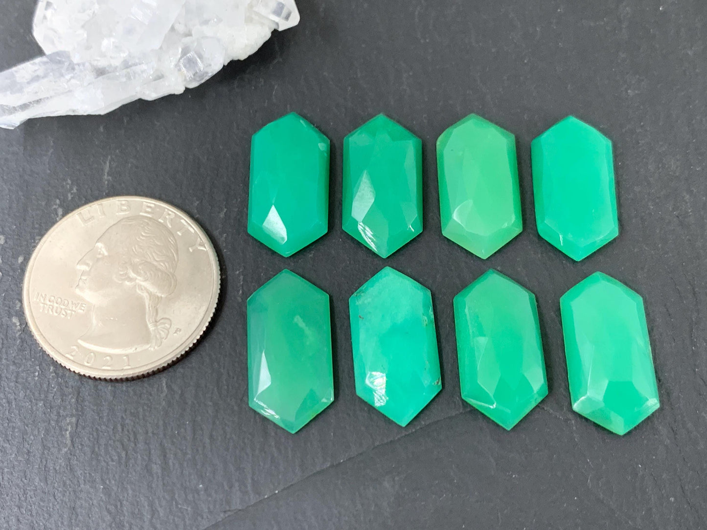 Faceted Chrysoprase Cabochon - Long Hexagon 10x20mm Rose Cut Green Gemstone