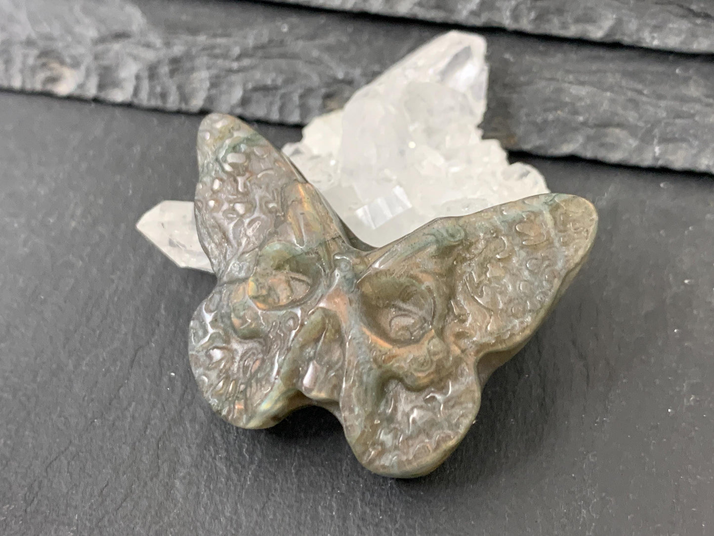 Labradorite Butterfly Carving - 29x40mm Flat Back Natural Gemstone, Unique Design