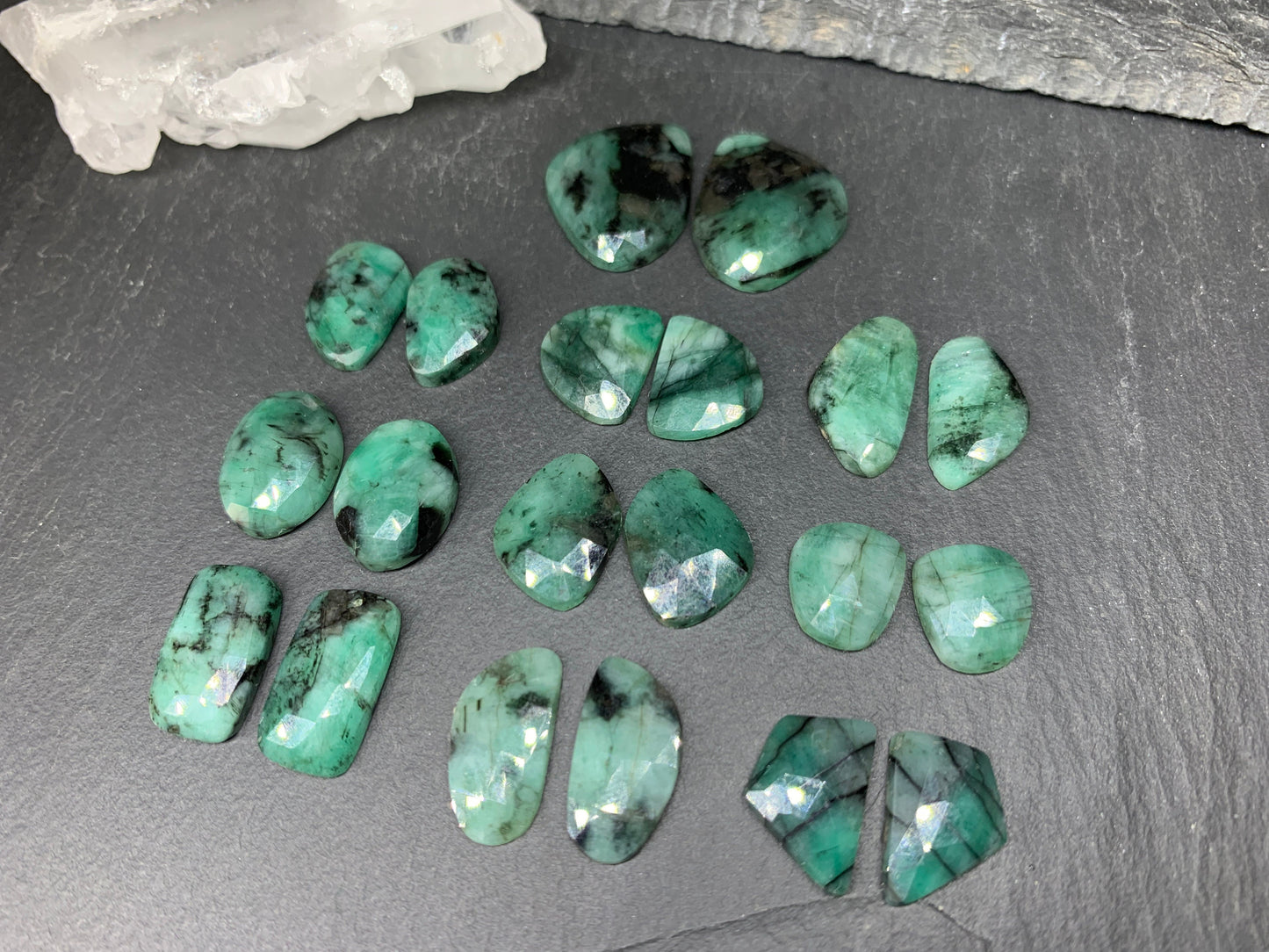 Faceted Emerald Pair 13-17mm long cabochon