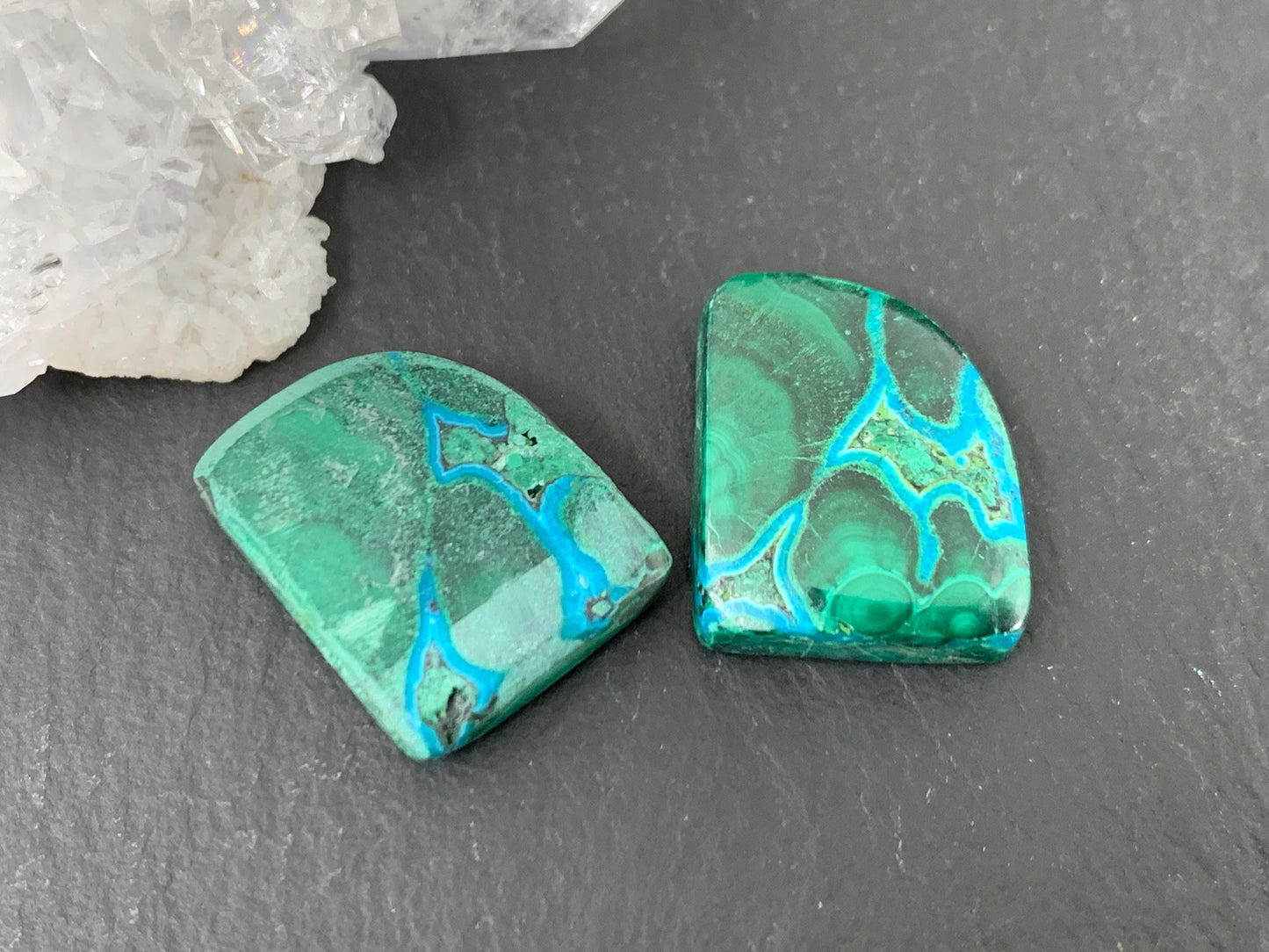 Malachite Chrysocolla free form 14x17x5mm cabochon pair