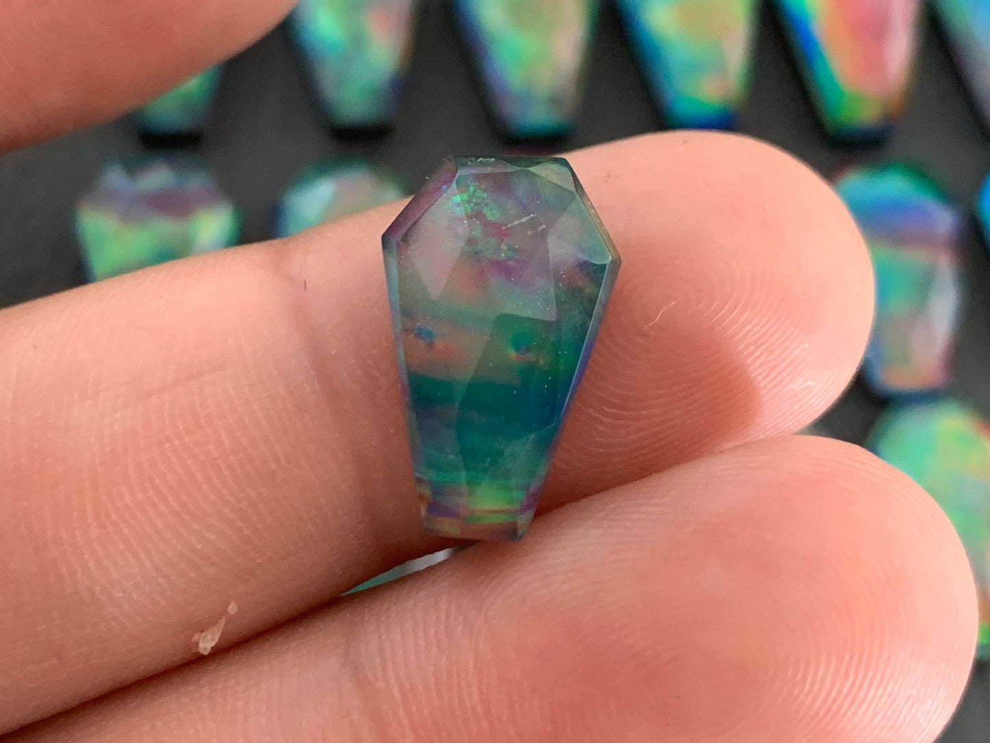 Faceted Aurora Opal coffin 10x16mm cabochon - Doublet cabochon