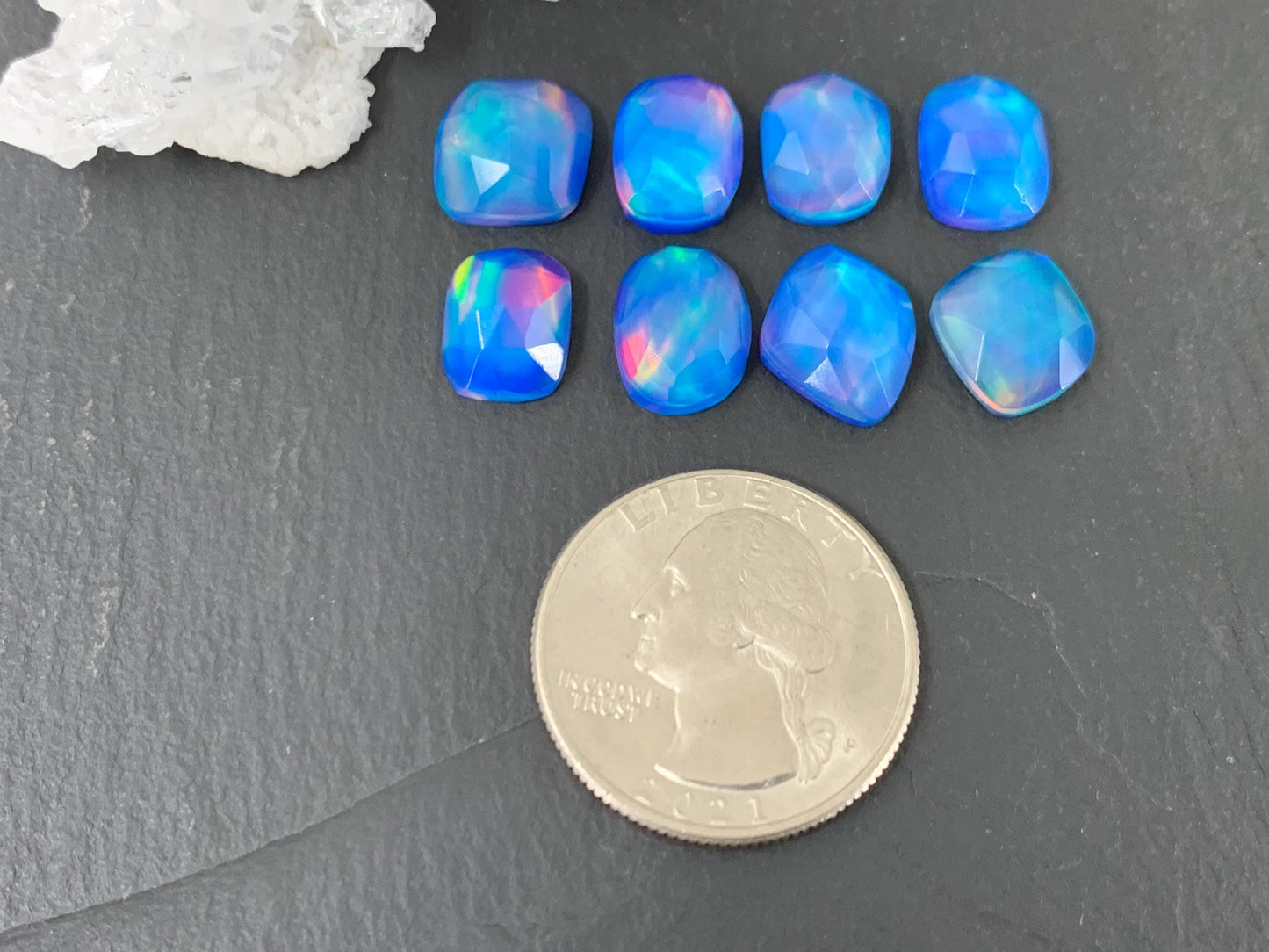 Faceted Aurora Opal free form 10-11mm long doublet cabochons
