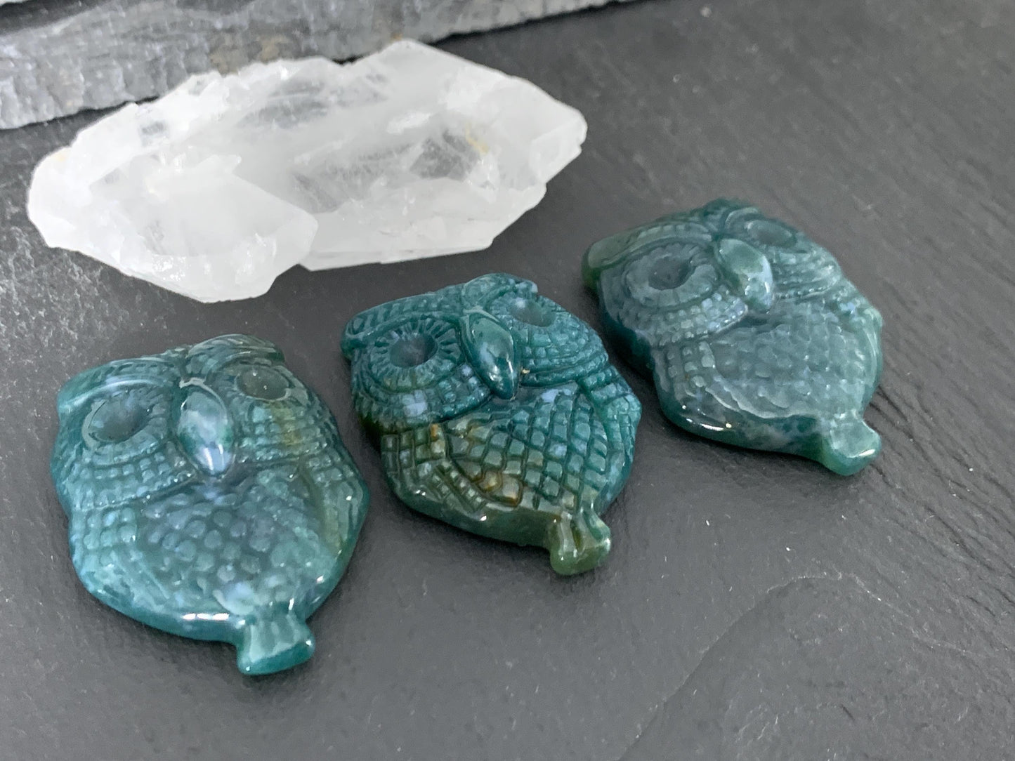 Ocean Jasper owl top drilled cabochon carving