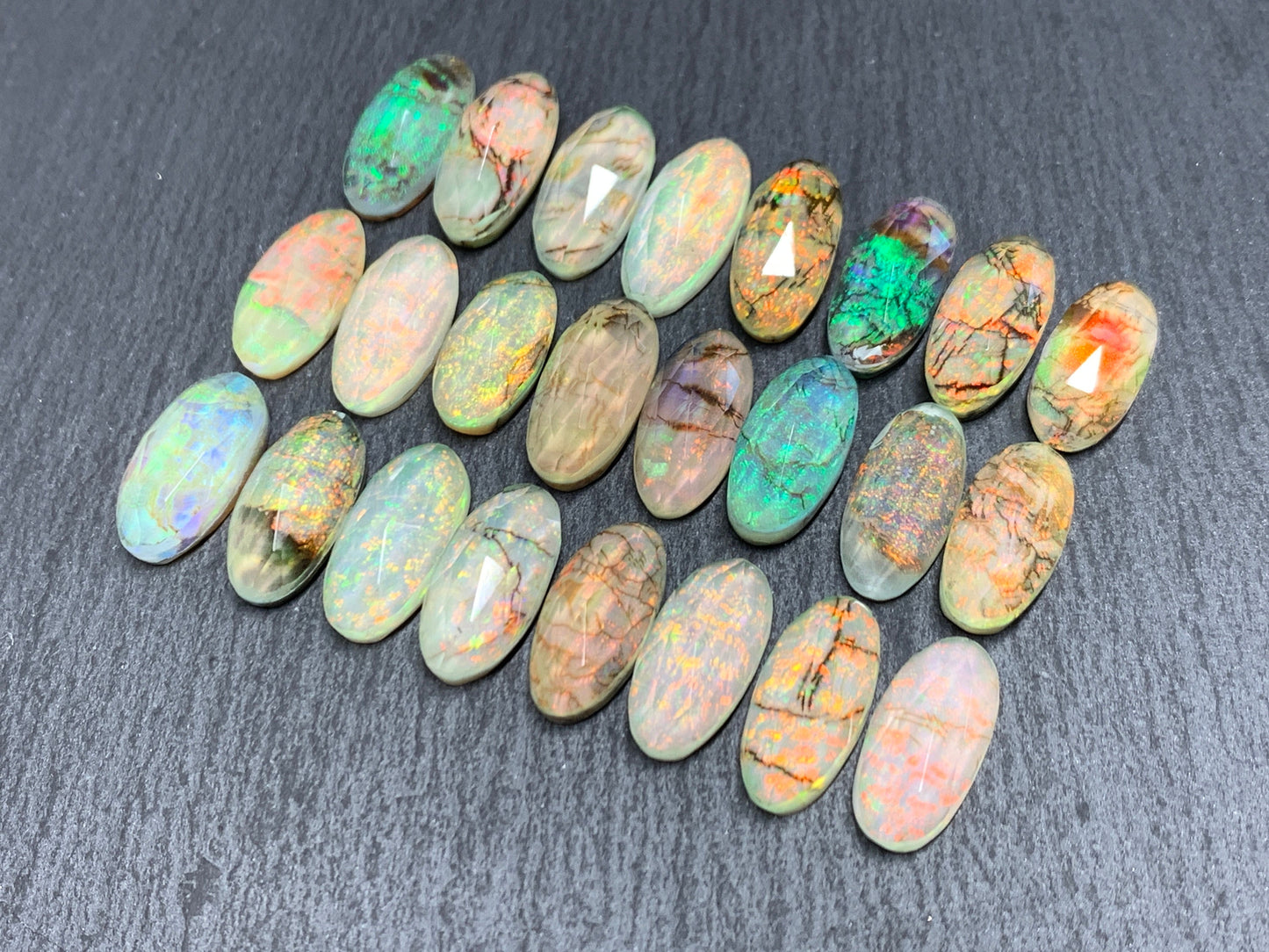 Faceted Monarch Opal oval 7x15mm cabochons - Doublet cabochons