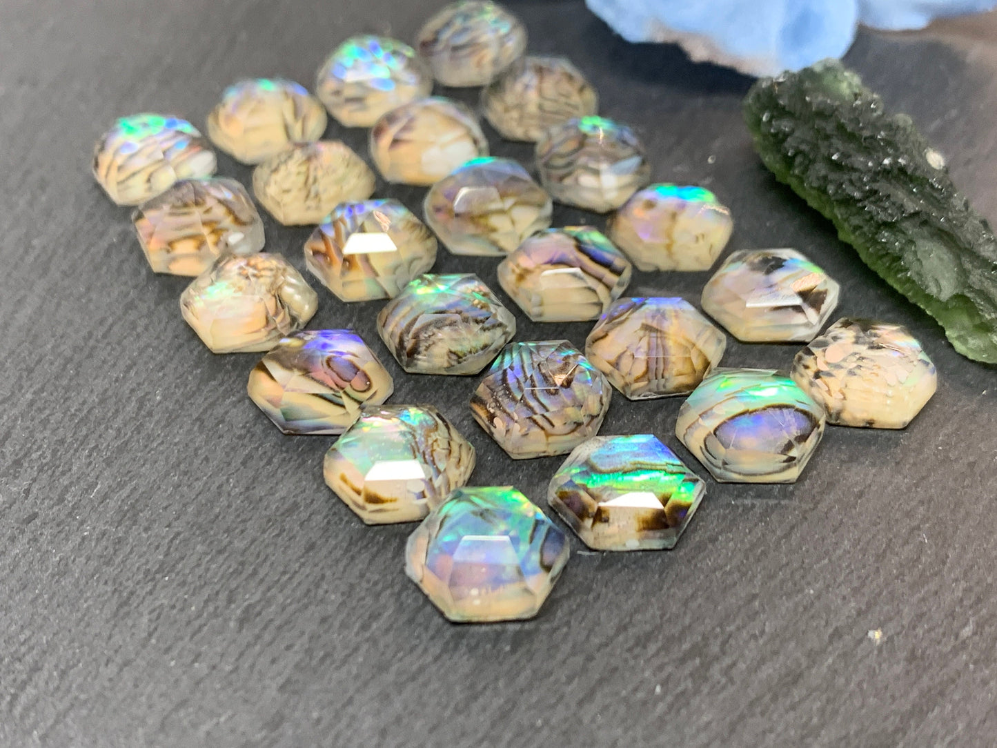 Faceted Abalone Crystal hexagon 10mm doublet cabochon