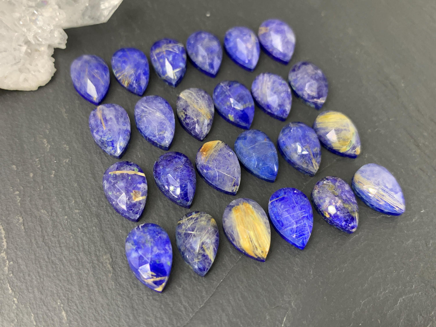 Faceted Gold Rutilated Quartz & Lapis Lazuli pear 8x12mm cabochon - Doublet cabochons