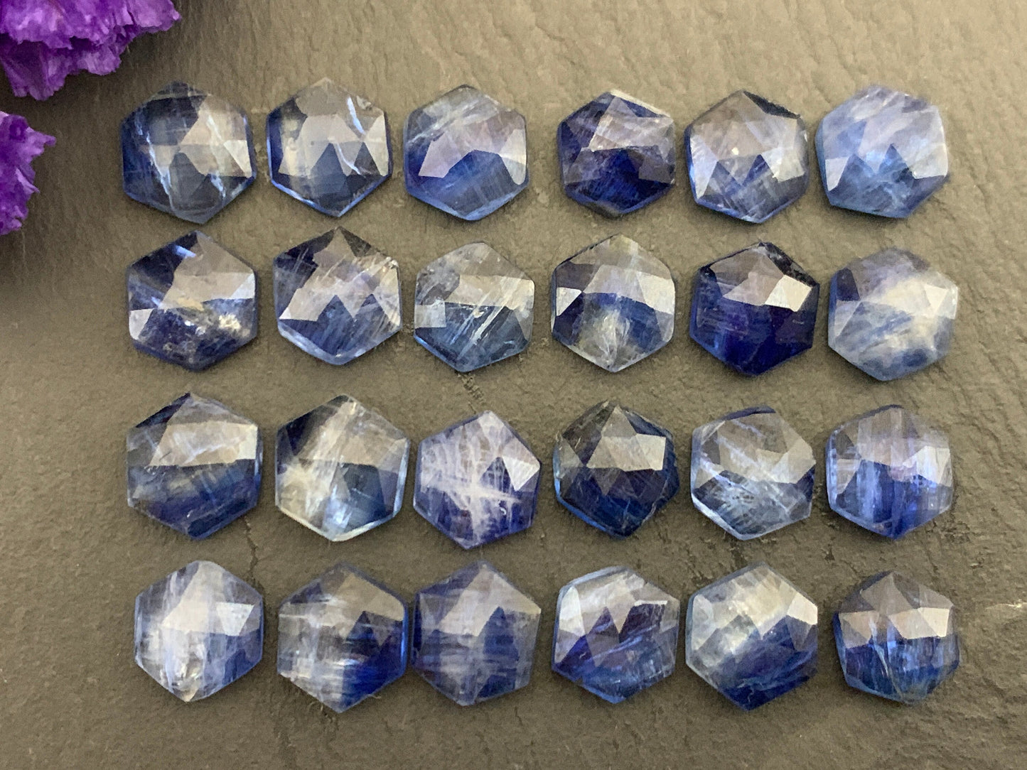 Faceted Kyanite Hexagon 8mm Cabochon - Natural Blue Gemstone Cut