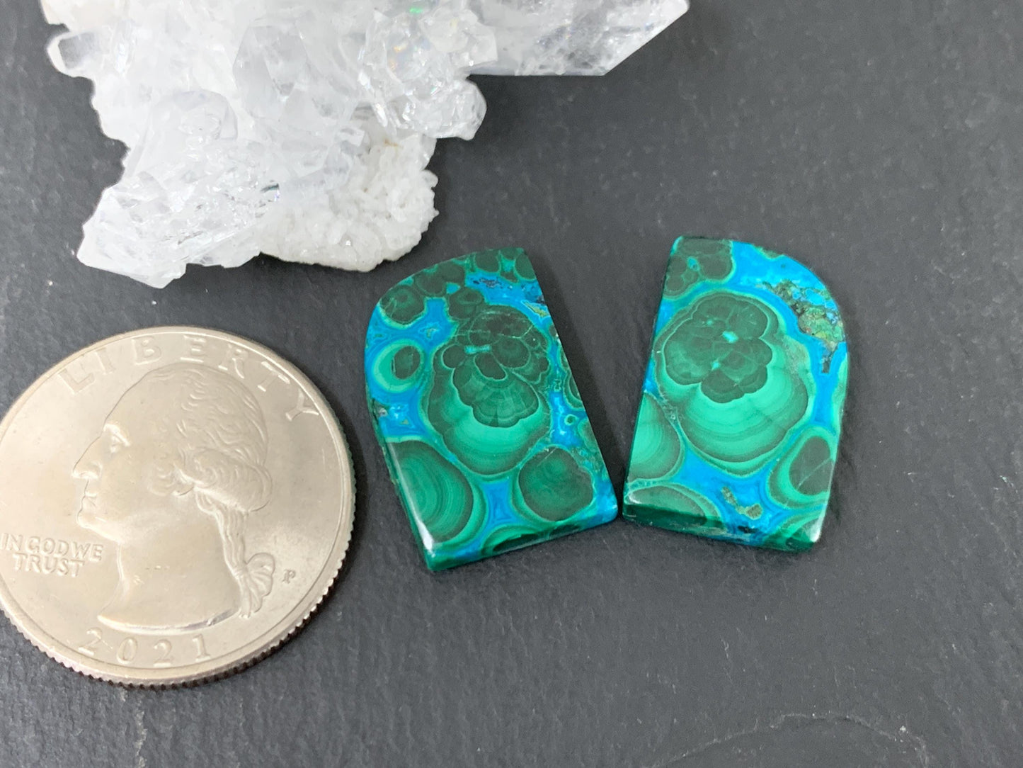 Malachite Chrysocolla free form 13x20x4mm cabochon pair