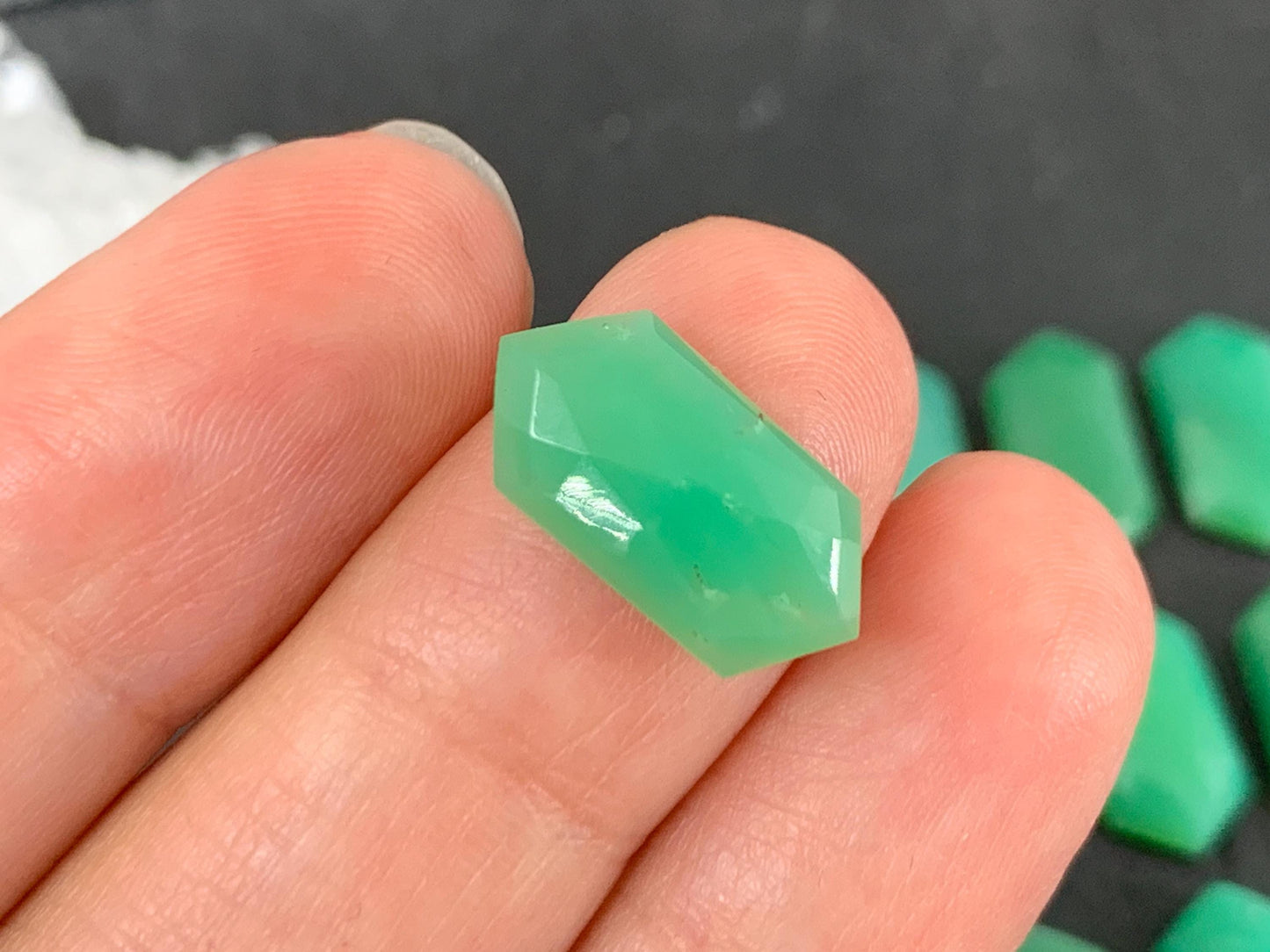 Faceted Chrysoprase Cabochon – Long Hexagon 8x16mm Faceted Top Gemstone