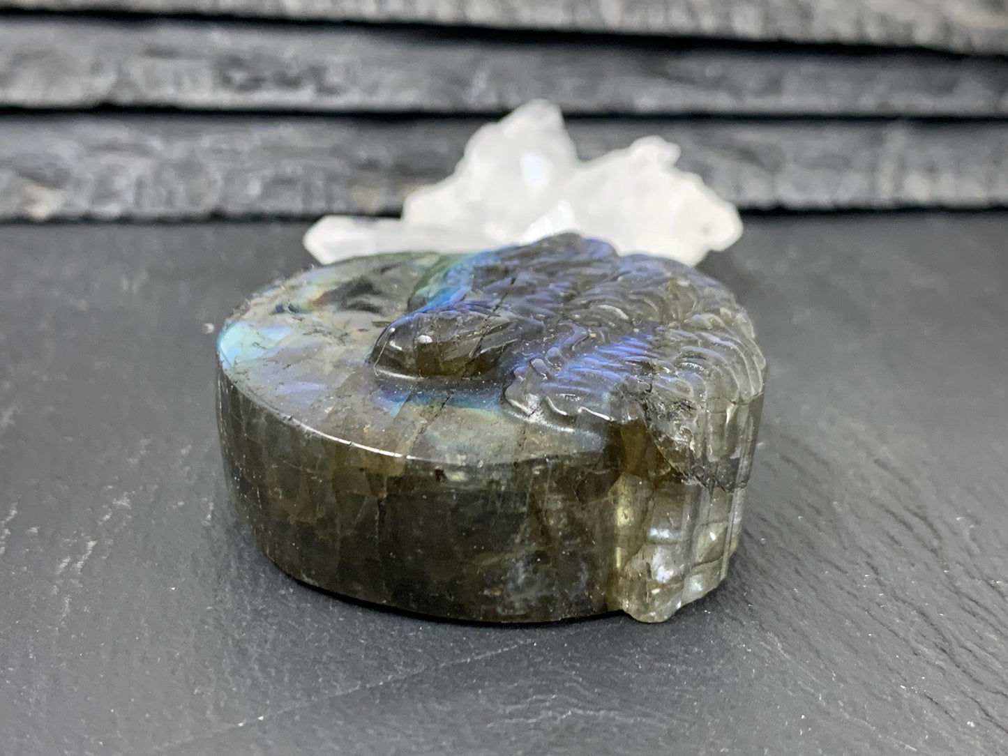 Wolf Labradorite Carving - Natural 40mm Flat Back Gemstone Wolf Shape