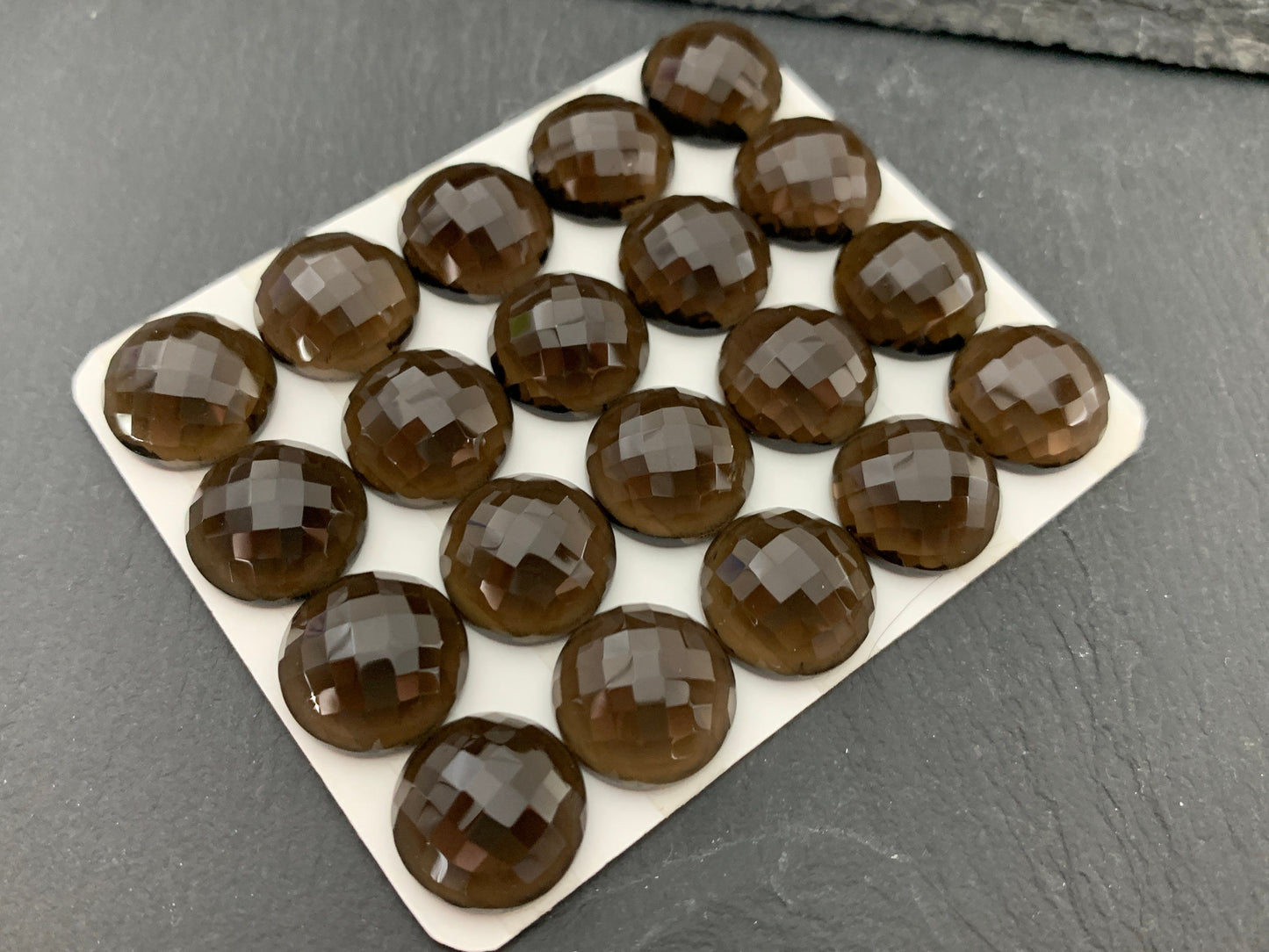 Faceted Smokey Quartz round 14mm cabochon - Calibrated cabochons