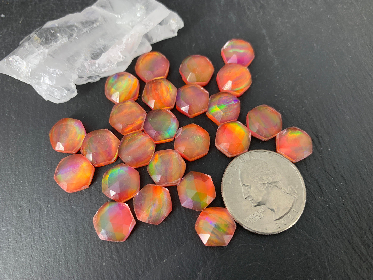 Faceted Orange Aurora Opal hexagon 10mm cabochon - Doublet cabochons