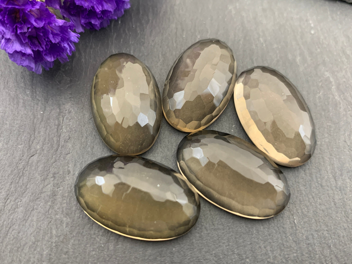 Faceted Smokey Quartz oval 16x26mm Cabochon - Calibrated cabochons