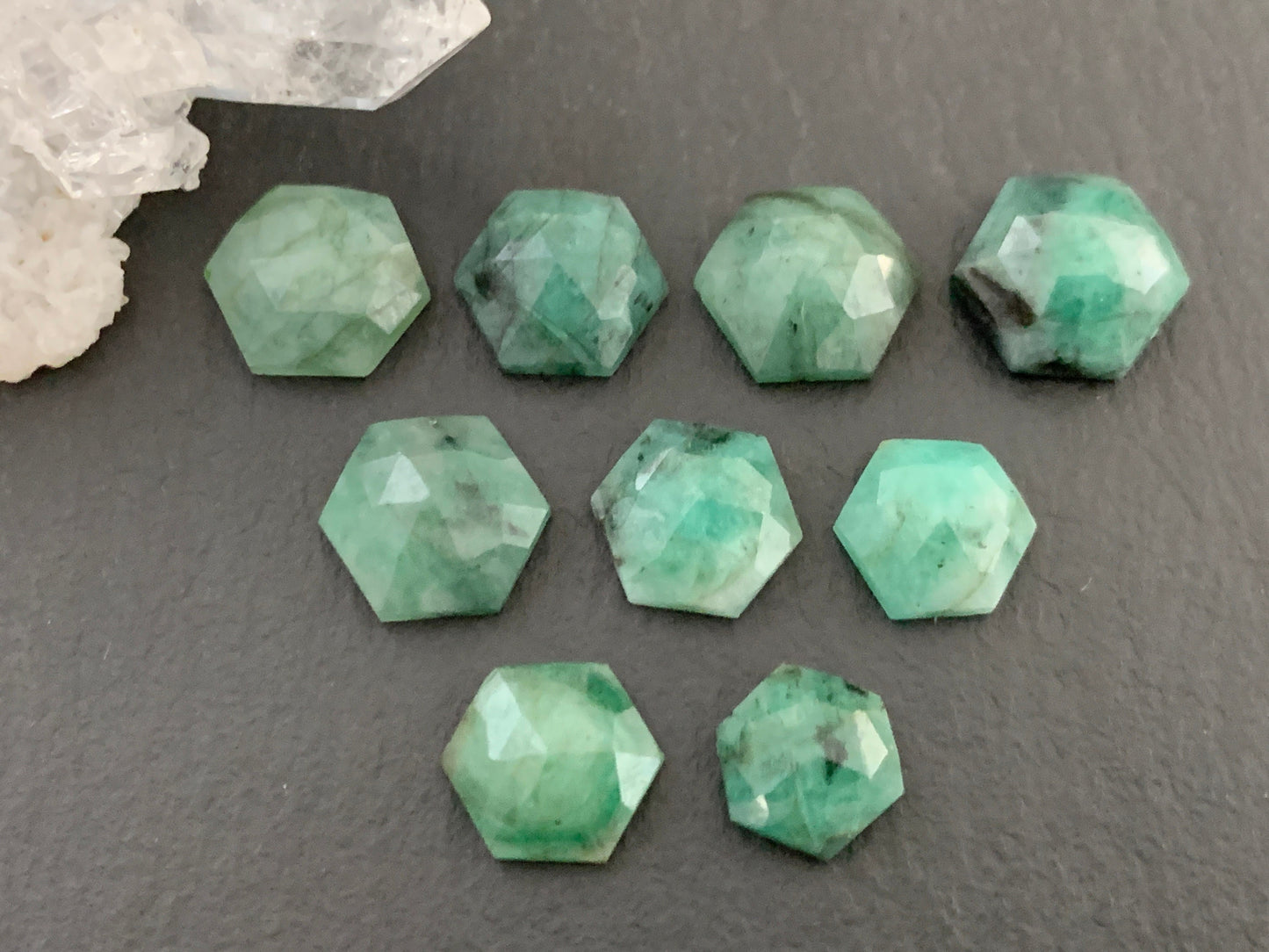 Faceted Emerald hexagon 8mm cabochon