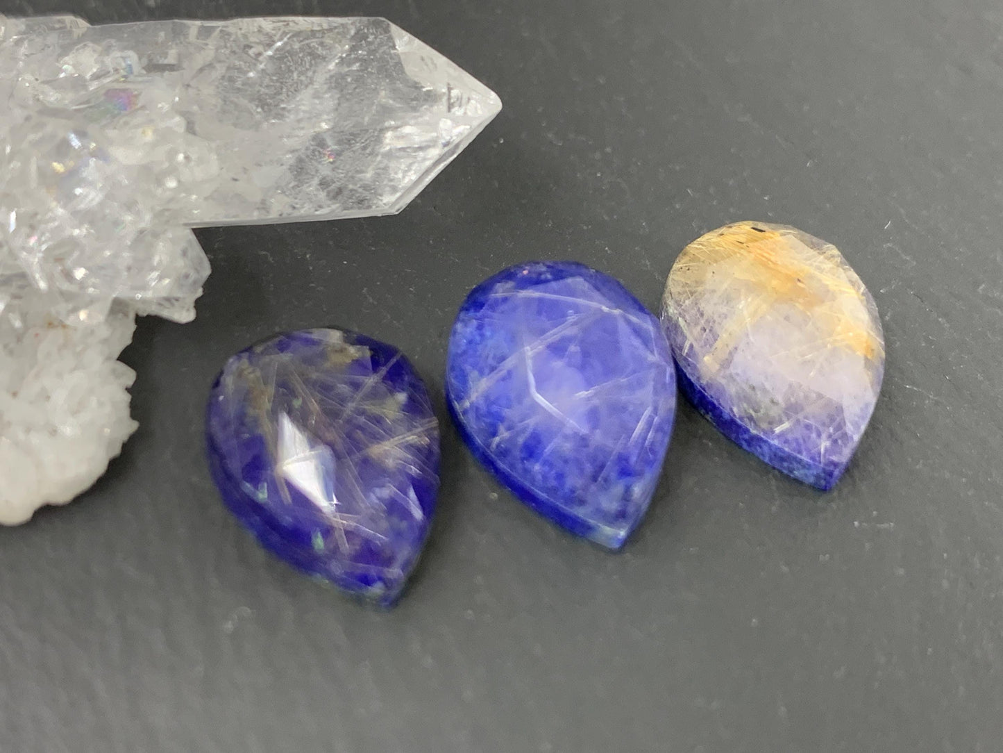 Faceted Gold Rutilated Quartz Lapis Lazuli pear 10x14mm cabochon - Doublem cabochons