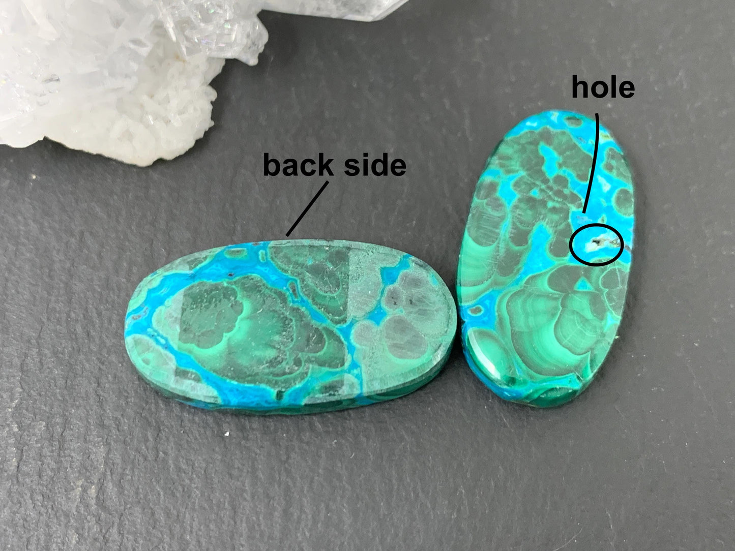 Discounted Malachite Chrysocolla oval 13x24x4mm cabochon pair